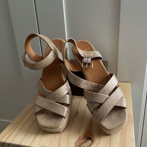Bobbie’s Paris x Sud Express Platform Espadrille Gold Leather Sandals Size 7.5